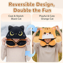 MeWaii® Orange Cat Hooded Memory Foam Travel Pillow Cooling Double-Sided Neck Support for Flights & Everyday Comfort