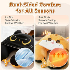 MeWaii® Orange Cat Hooded Memory Foam Travel Pillow Cooling Double-Sided Neck Support for Flights & Everyday Comfort