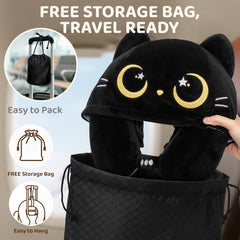 MeWaii® Black Cat Hooded Memory Foam Travel Pillow Cooling Double-Sided Neck Support for Flights & Everyday Comfort