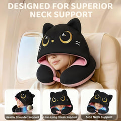 MeWaii® Pink Cat Hooded Memory Foam Travel Pillow Cooling Double-Sided Neck Support for Flights & Everyday Comfort