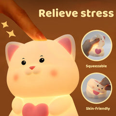 Blushing White Cat with Heart Silicone Squishy Night Light Perfect Gift