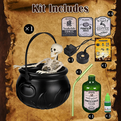 Flame Witch Cauldron Halloween Decoration Skull Potion Brewing Bucket with Floating Poison Bottle Spooky Party Prop