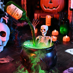 Flame Witch Cauldron Halloween Decoration Skull Potion Brewing Bucket with Floating Poison Bottle Spooky Party Prop