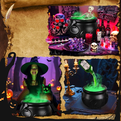 Flame Witch Cauldron Halloween Decoration Skull Potion Brewing Bucket with Floating Poison Bottle Spooky Party Prop