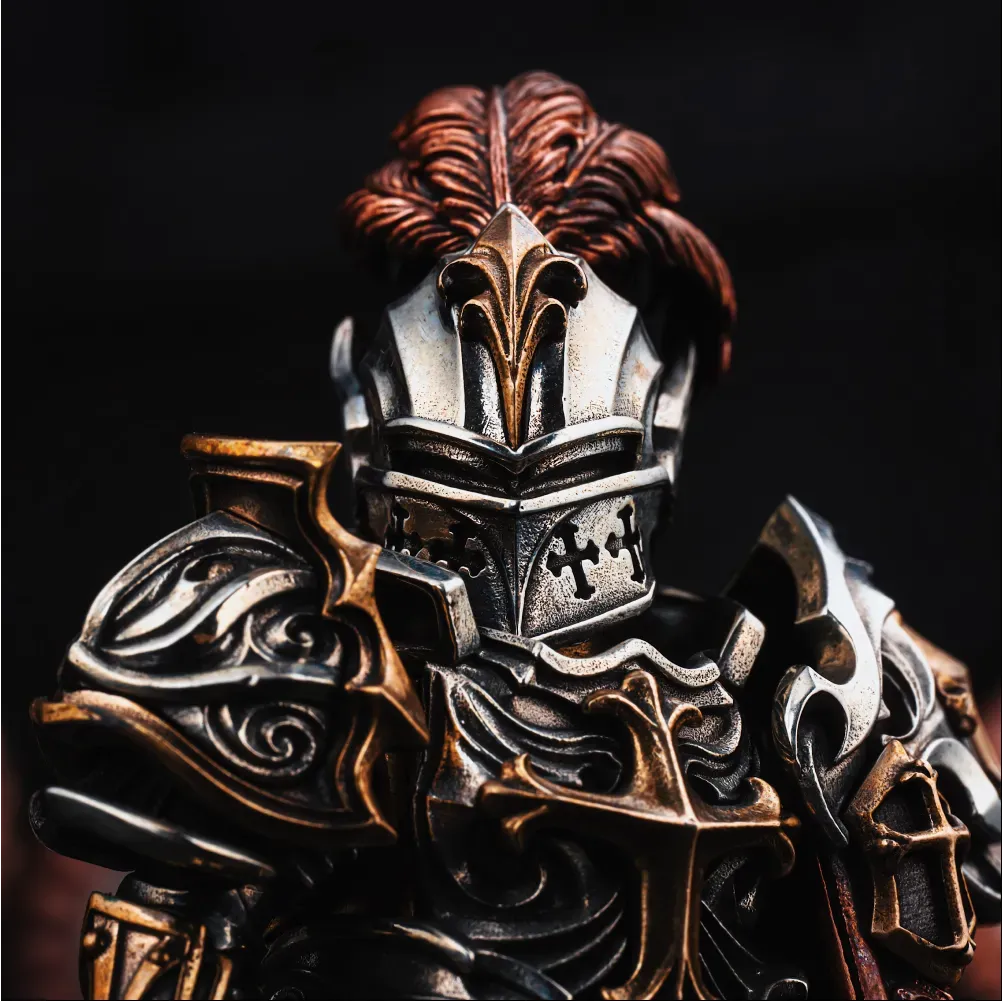 Crimson Templar Collectible Figure Detachable Bronze Copper Knight Statue with Sword Shield Cape Wings Medieval Fantasy