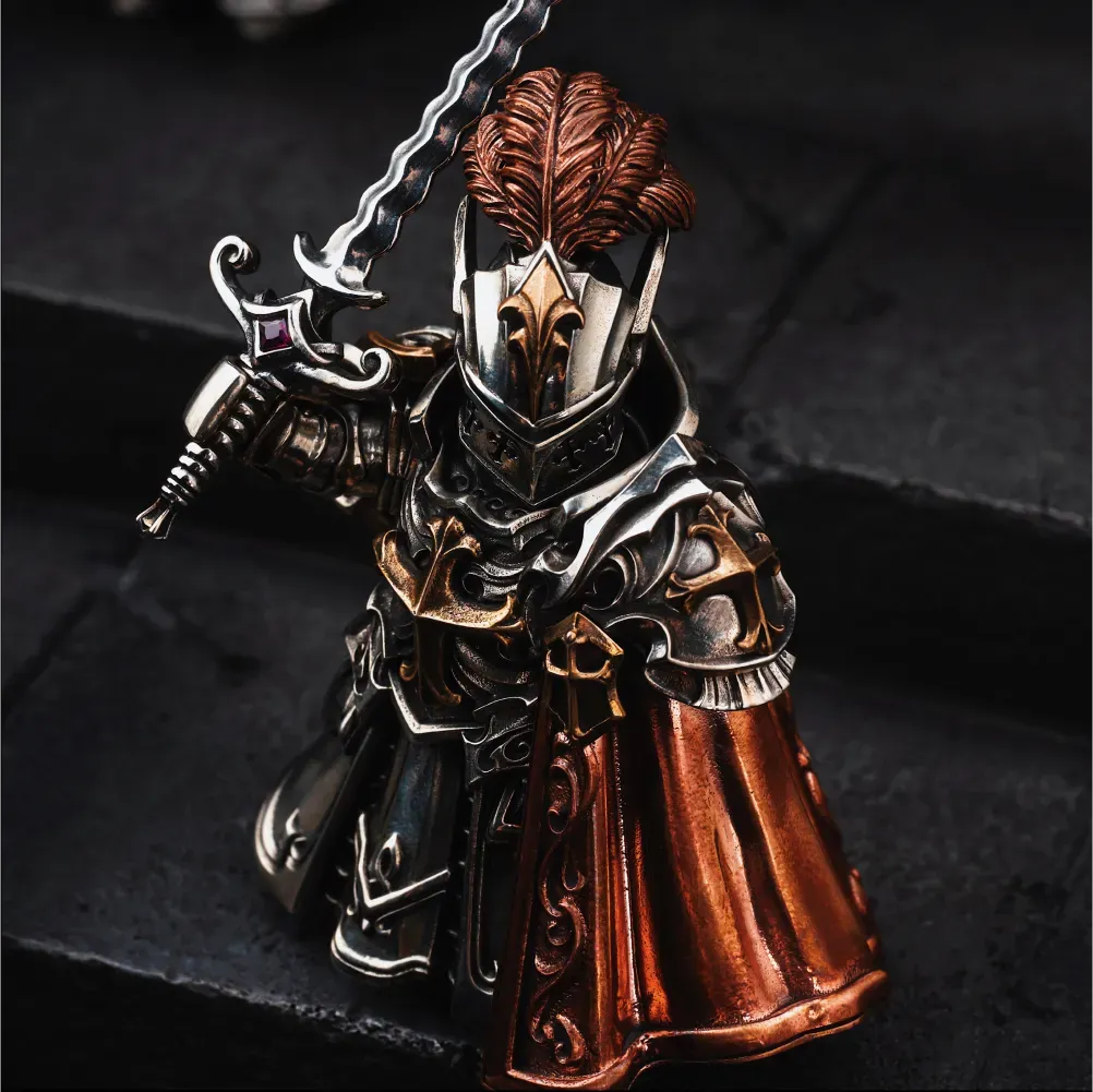 Crimson Templar Collectible Figure Detachable Bronze Copper Knight Statue with Sword Shield Cape Wings Medieval Fantasy