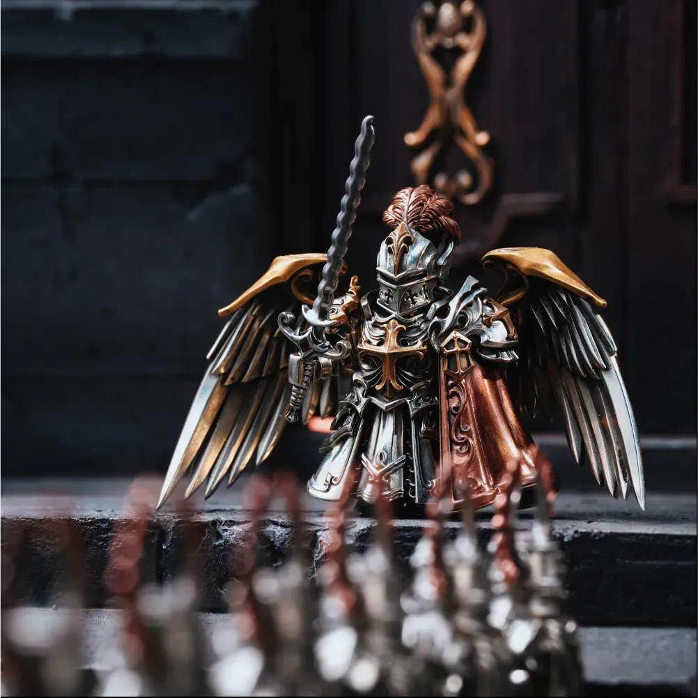 Crimson Templar Collectible Figure Detachable Bronze Copper Knight Statue with Sword Shield Cape Wings Medieval Fantasy