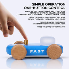 GOOD KART NIGHT LIGHT – Wooden Go Kart LED Table Lamp with RGB & Warm Light, Dimmable Bedside Ambient Light, Rechargeable Decorative Night Lamp