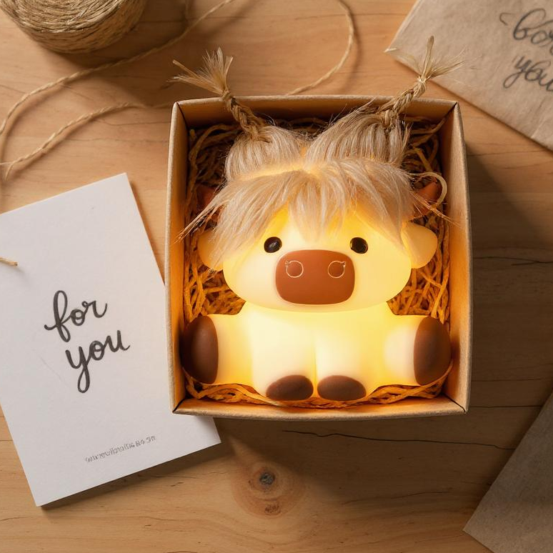Squishy Silikon Niedliche Highland Kuh LED-Nachtlicht - Perfektes Geschenk für Kinder und Mädchen