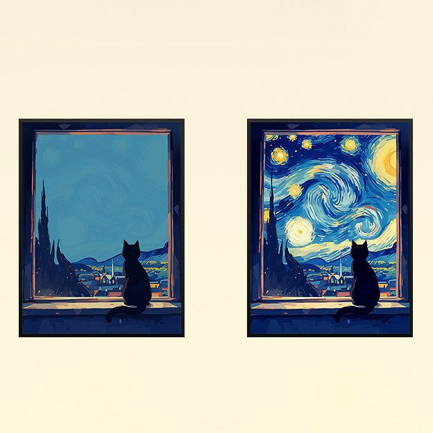 Cat Painting Night Light with Bluetooth Speaker Plug-in LED Art Frame for Bedroom Desk or Gift