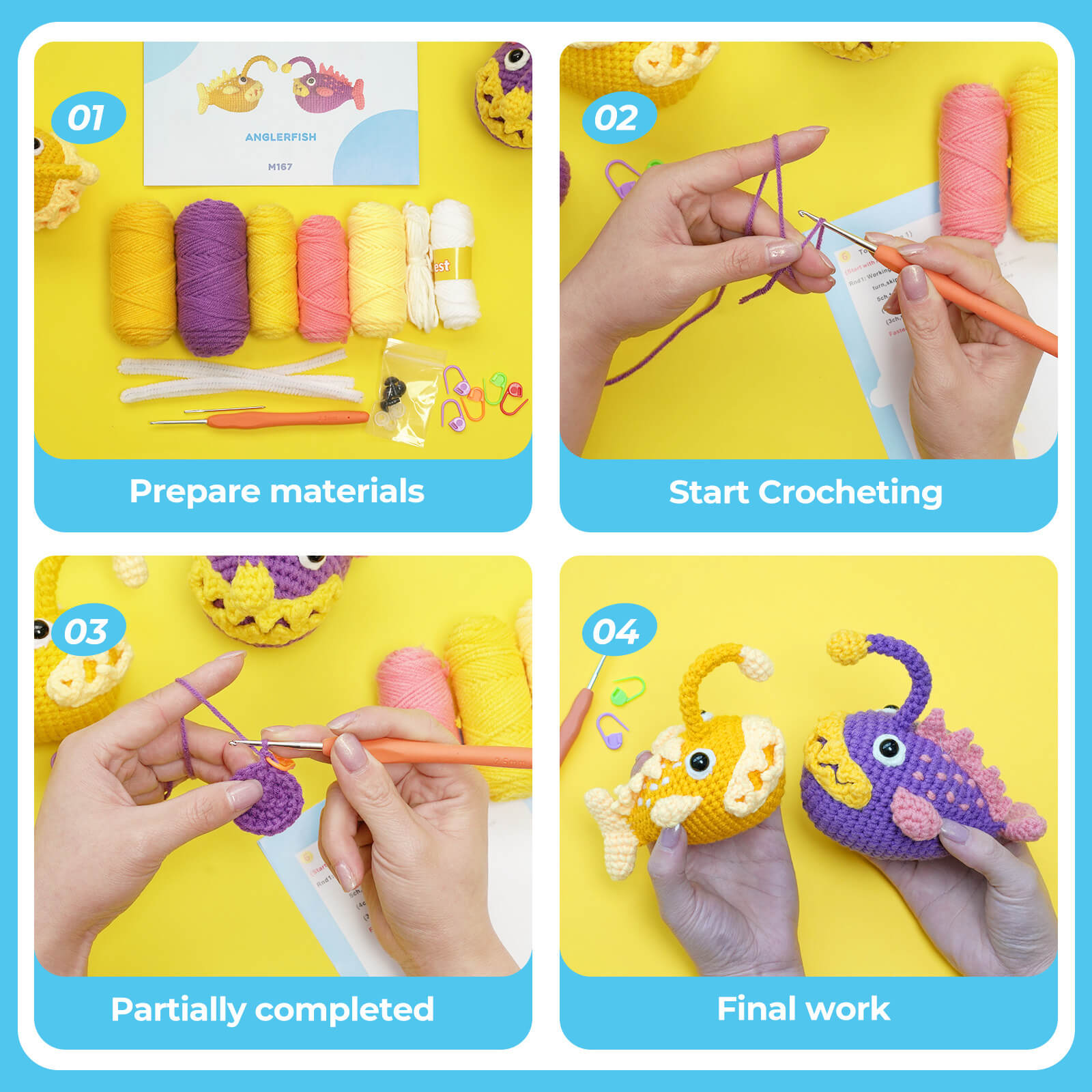 MeWaii® Crochet 2pcs Monkfish Crochet Kit For Beginners With Easy Peasy Yarn