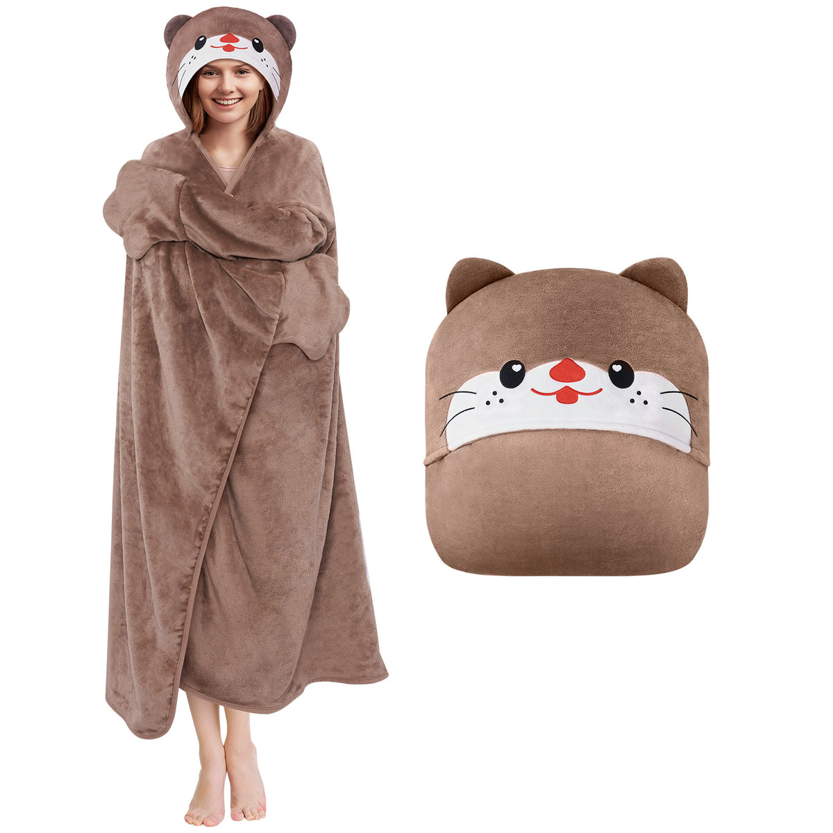 MeWaii® Spade-Nosed Gray Otter Wearable Blanket Hoodie Oversized Plush Sweatshirt Blanket Warm & Cozy Hooded Blanket Gifts