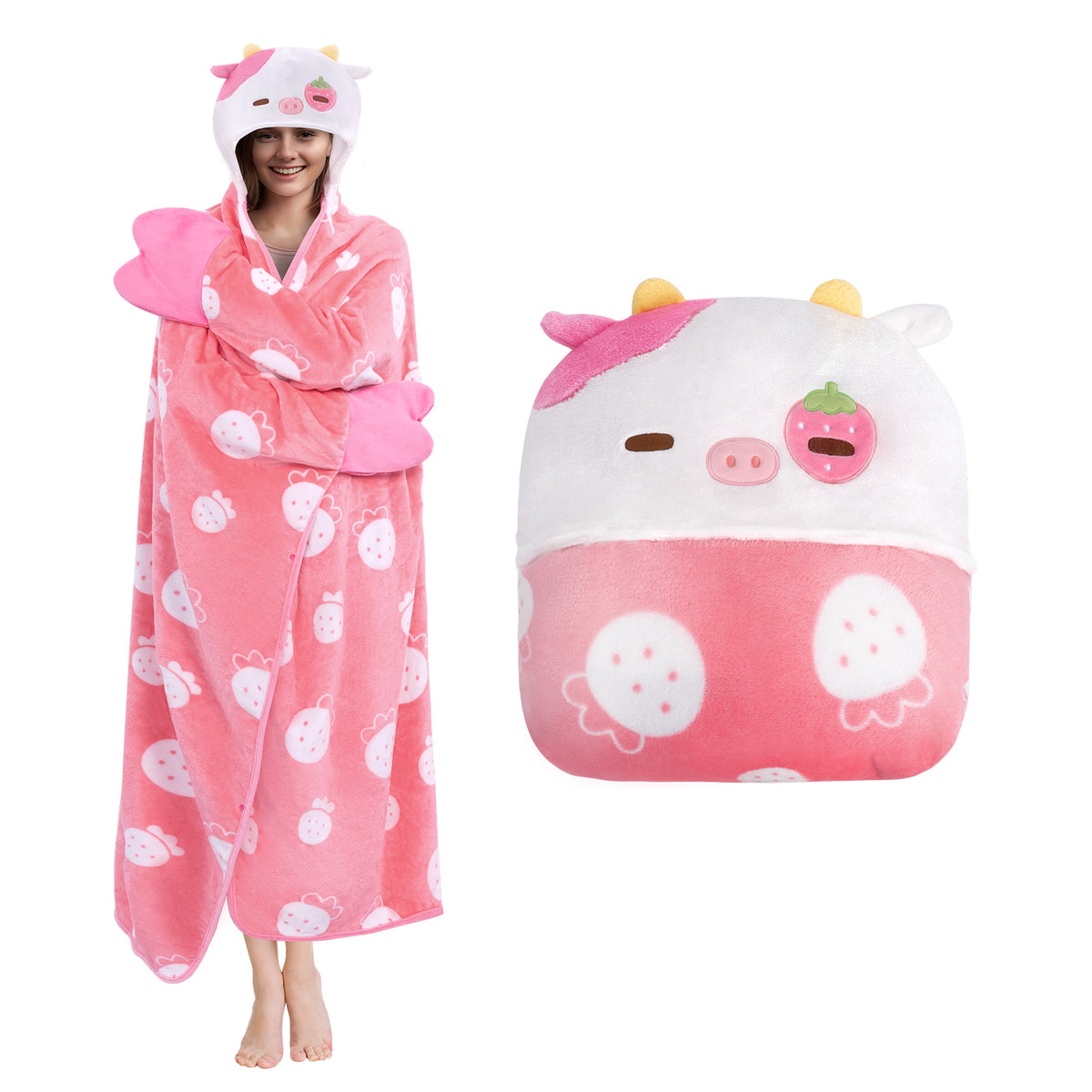 MeWaii Strawberry Cow Wearable Blanket Hoodie Ultra Soft Oversized Cozy Blanket for Warm Hugs & Relaxing Moments