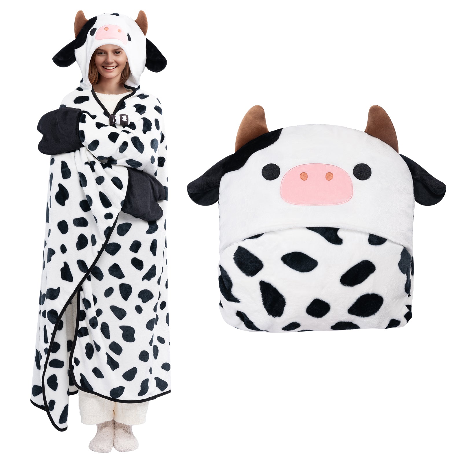 MeWaii® Brindle Cow Wearable Blanket Hoodie Oversized Flannel Sweatshirt Blanket Warm & Cozy Hooded Blanket Gifts