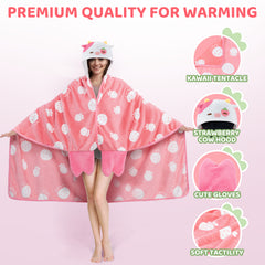 MeWaii Strawberry Cow Wearable Blanket Hoodie Ultra Soft Oversized Cozy Blanket for Warm Hugs & Relaxing Moments
