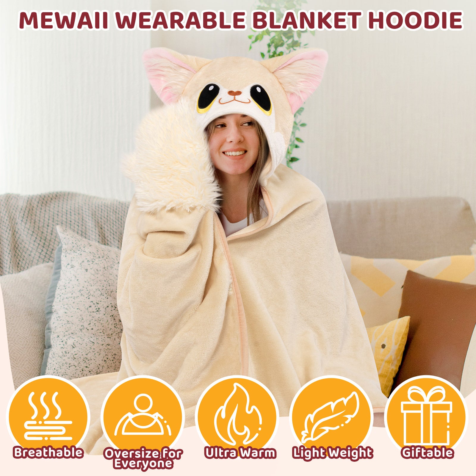 MeWaii Fennec Fox Wearable Blanket Hoodie Ultra Soft Oversized Cozy Blanket for Warm Hugs & Relaxing Moments