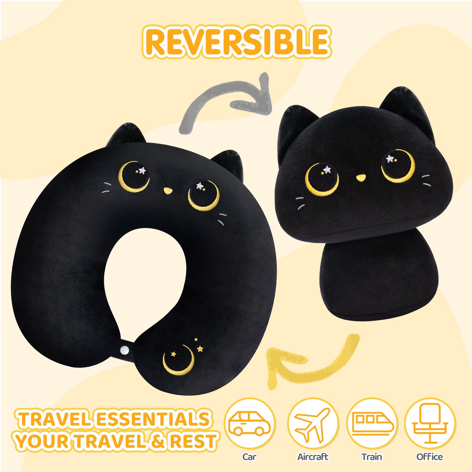 MeWaii® Flip Pillow Black Cat Reversible Throw Pillow Neck Pillow Kawaii Plush Pillow Squish Toy
