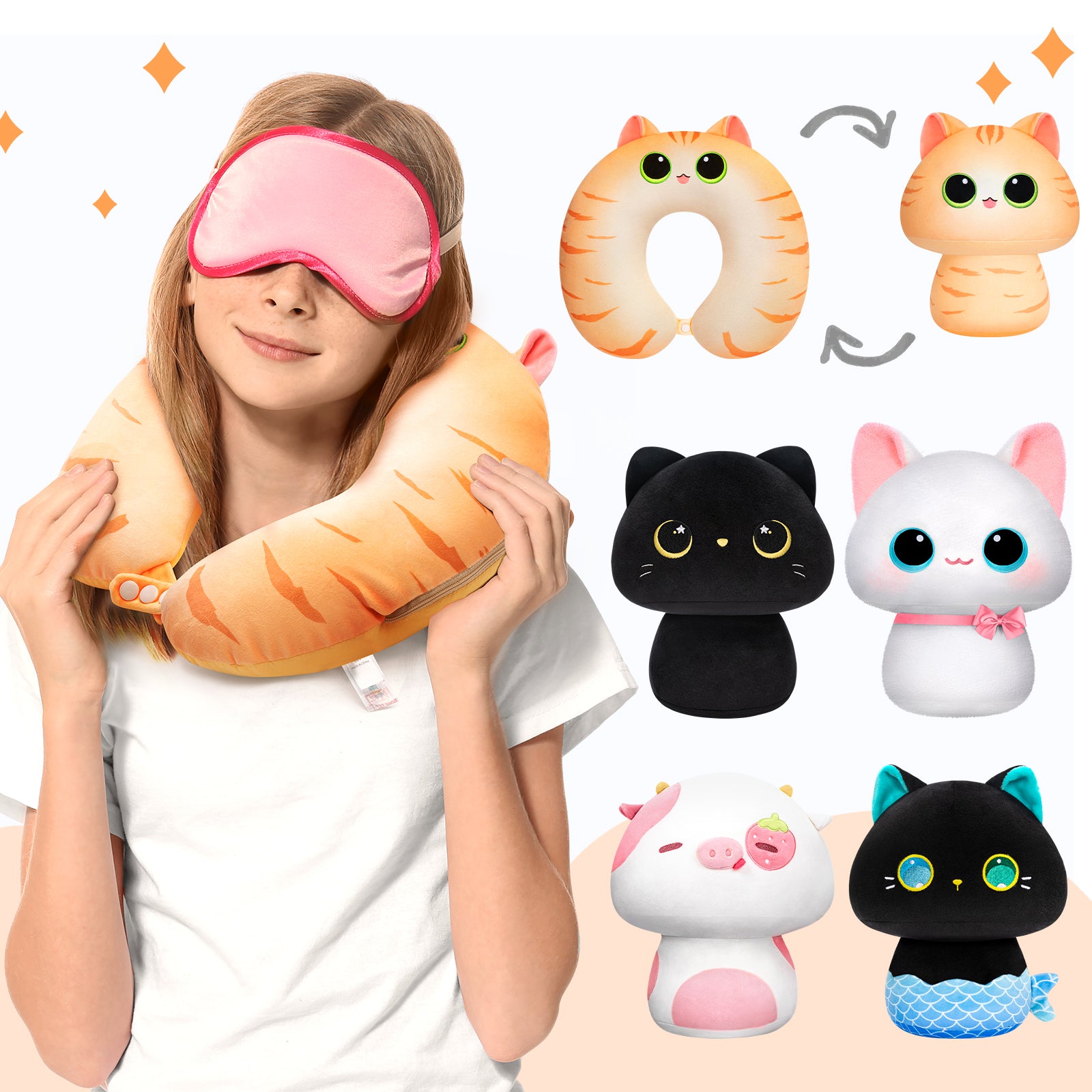 MeWaii® Flip Pillow Orange Tabby Cat Reversible Throw Pillow Neck Pillow Kawaii Plush Pillow Squish Toy