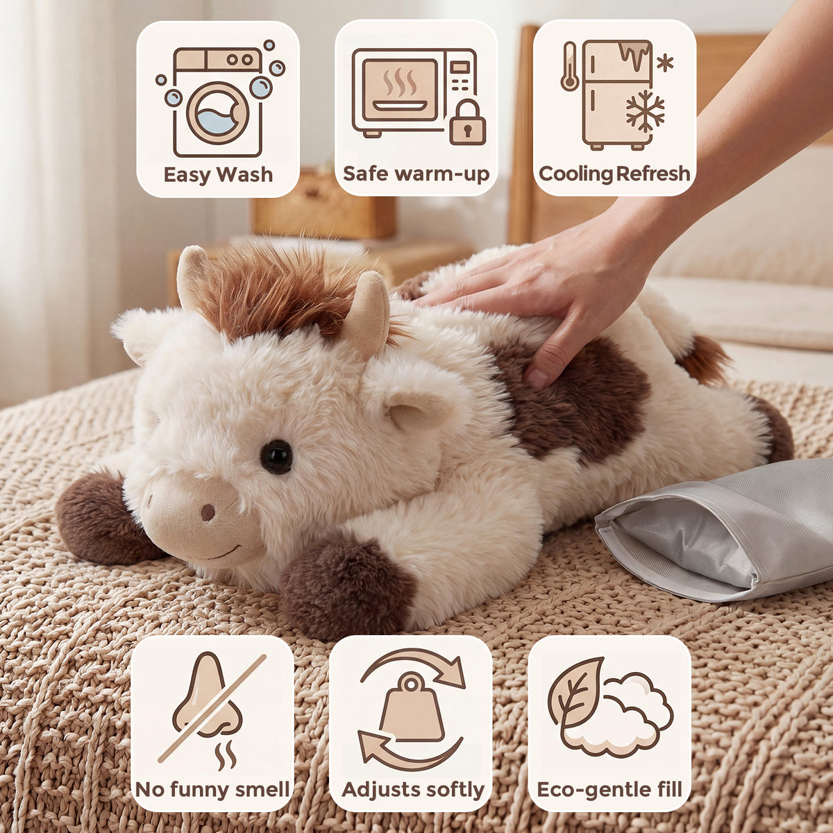 MeWaii® Brown Cow Fuzzy Long Haired Weighted Stuffed Animal with Microwavable Heating Pad