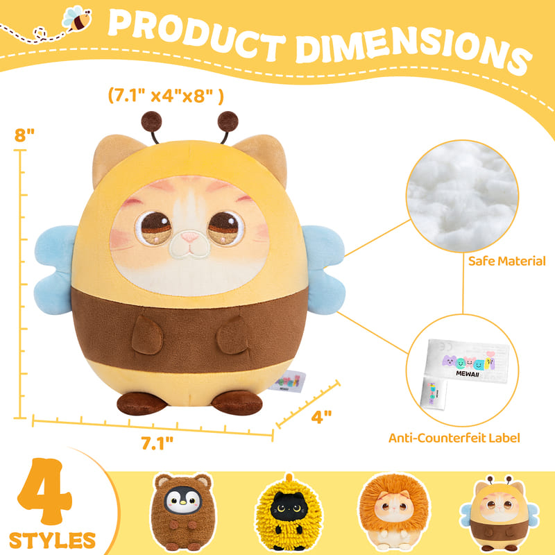 MeWaii® Stuffed Animal Kawaii Kitten with Bee Hoodie Plush Pillow Squishy Toy With Hoodie