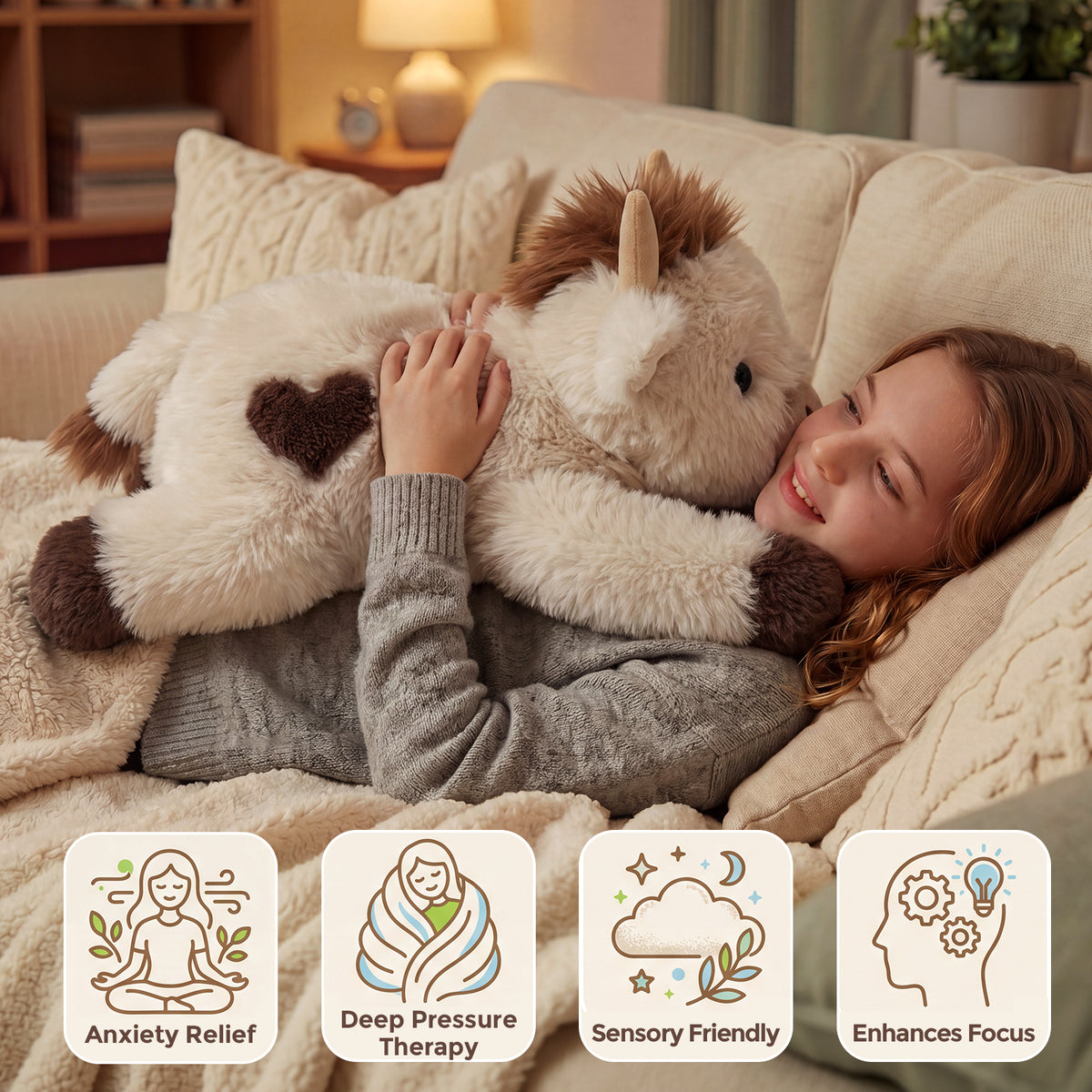 MeWaii® Brown Cow Fuzzy Long Haired Weighted Stuffed Animal with Microwavable Heating Pad