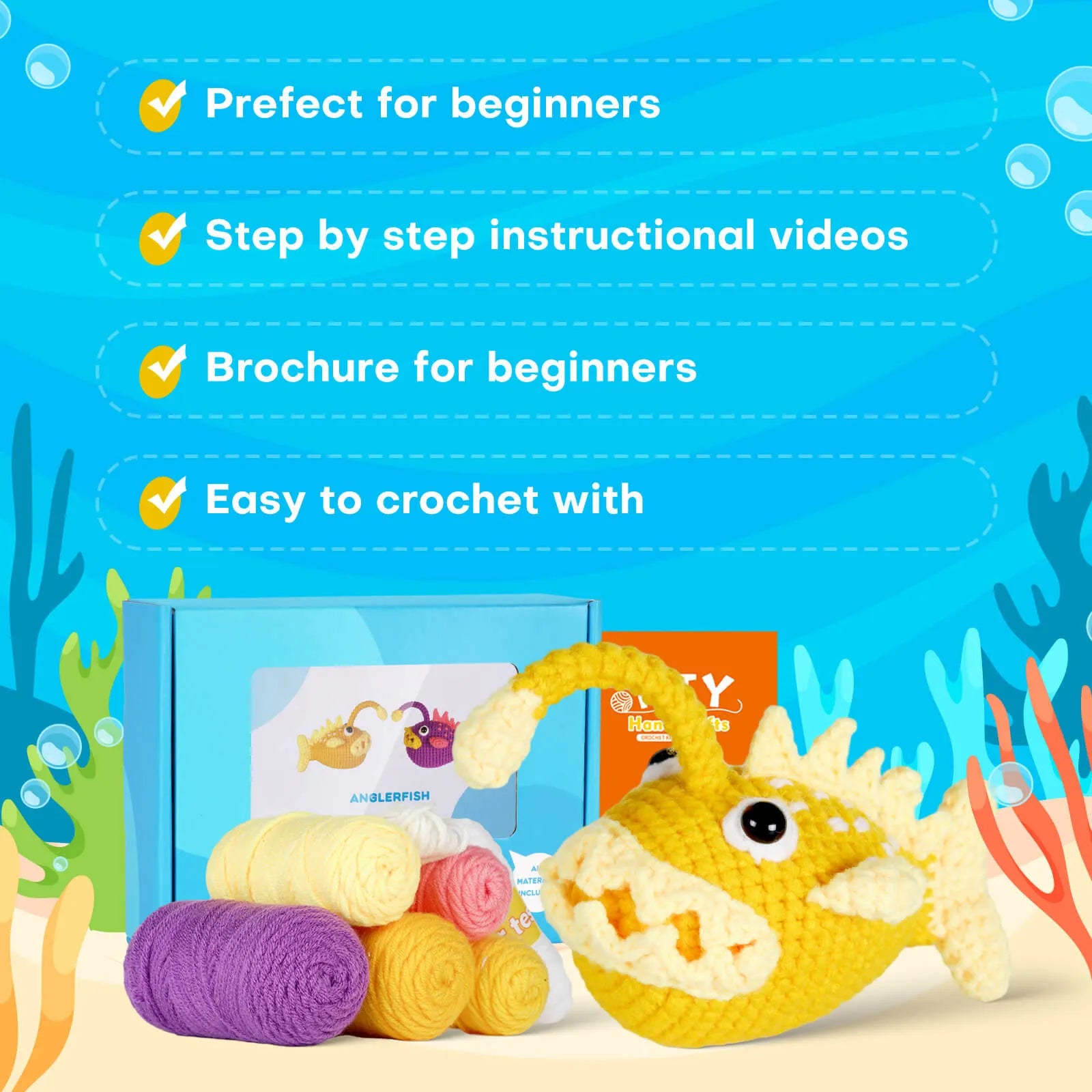 MeWaii® Crochet 2pcs Monkfish Crochet Kit For Beginners With Easy Peasy Yarn