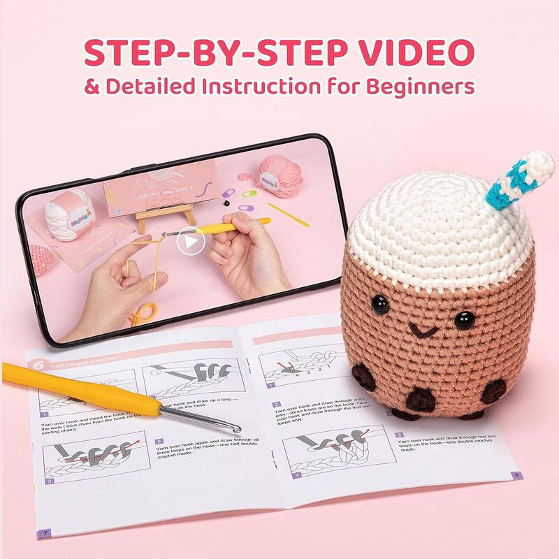 MeWaii® Crochet Boba Crochet Kit for Beginners with Easy Peasy Yarn
