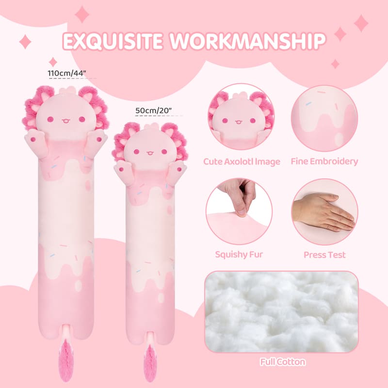 MeWaii® Loooong Family Original Design Giant Pink Hanalotl/Axolotl Stuffed Animal Kawaii Long Plush Pillow Squishy Toy