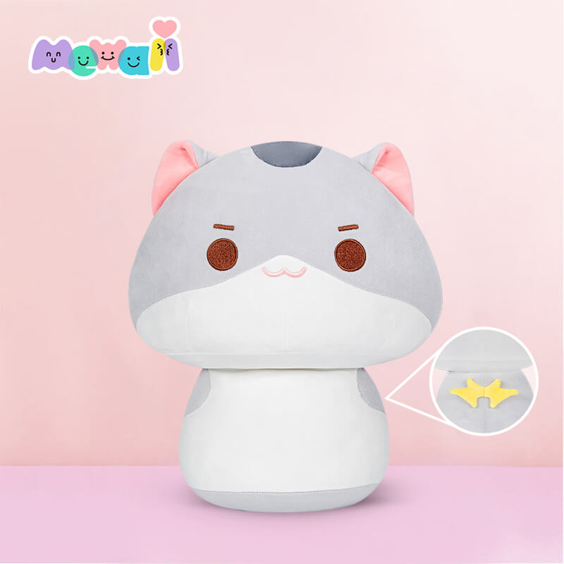 MeWaii® Mushroom Family Kitten Gray Kawaii Plush Pillow Squish Toy