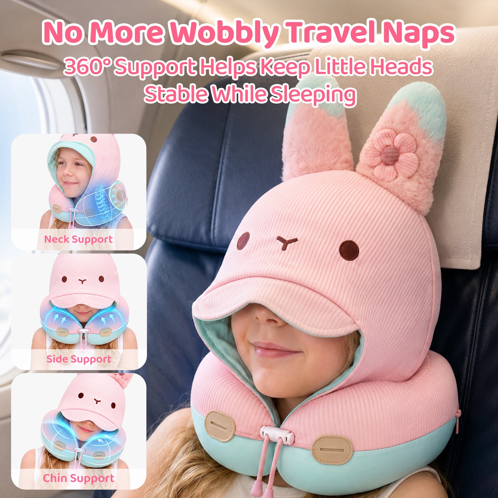 Mewaii® Rabbit Reversible Neck Pillow Double-Sided Kawaii Plush Travel Pillow Cute Bunny Pillow