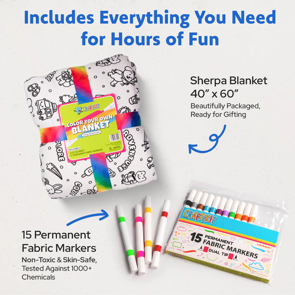 MeWaii® Color-in Blanket – Stress-Relief DIY Blanket with Included Coloring Pens