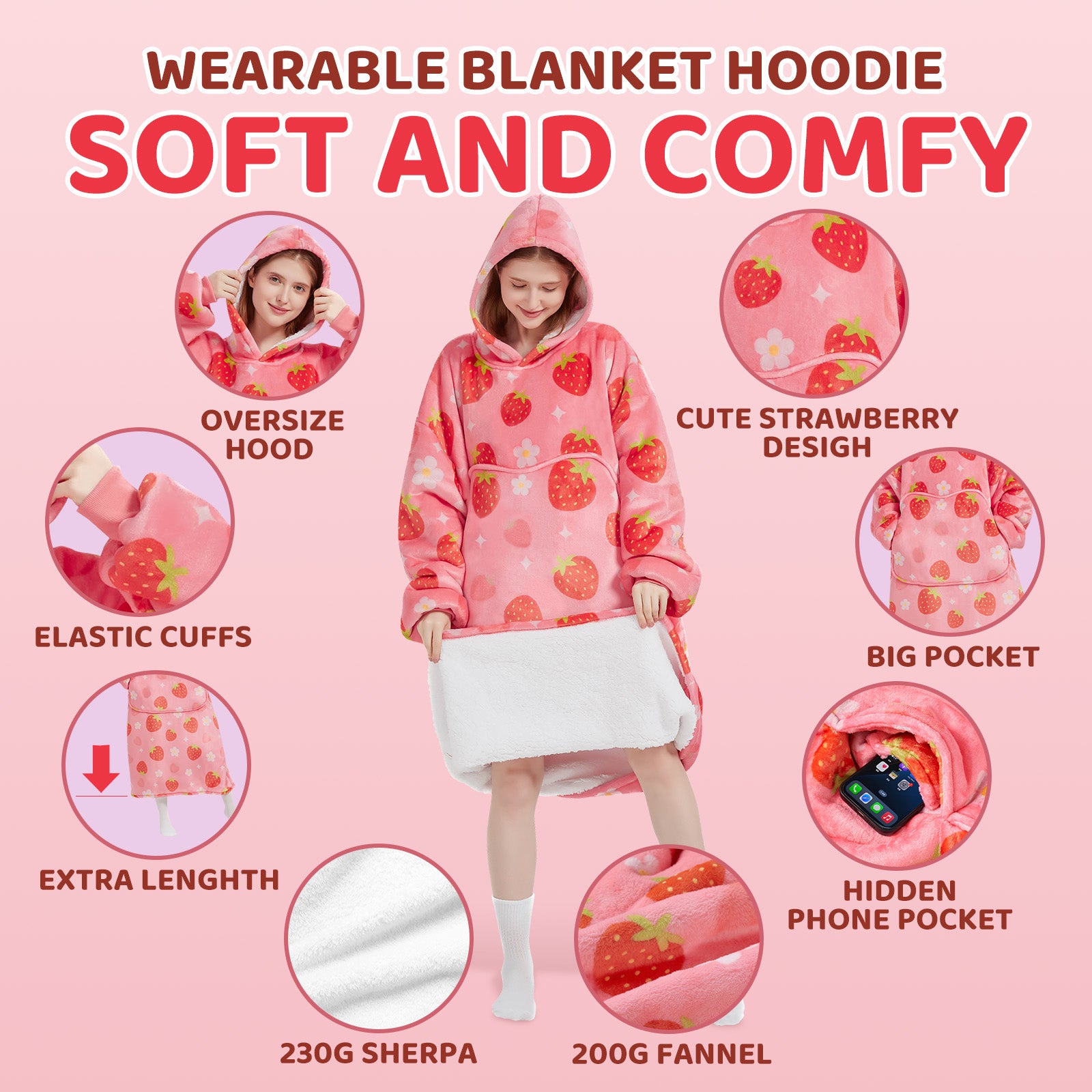 Mewaii® Strawberry Wearable Blanket Hoodie Ultra Soft Cozy Flannel Hoodie Blanket with Pockets