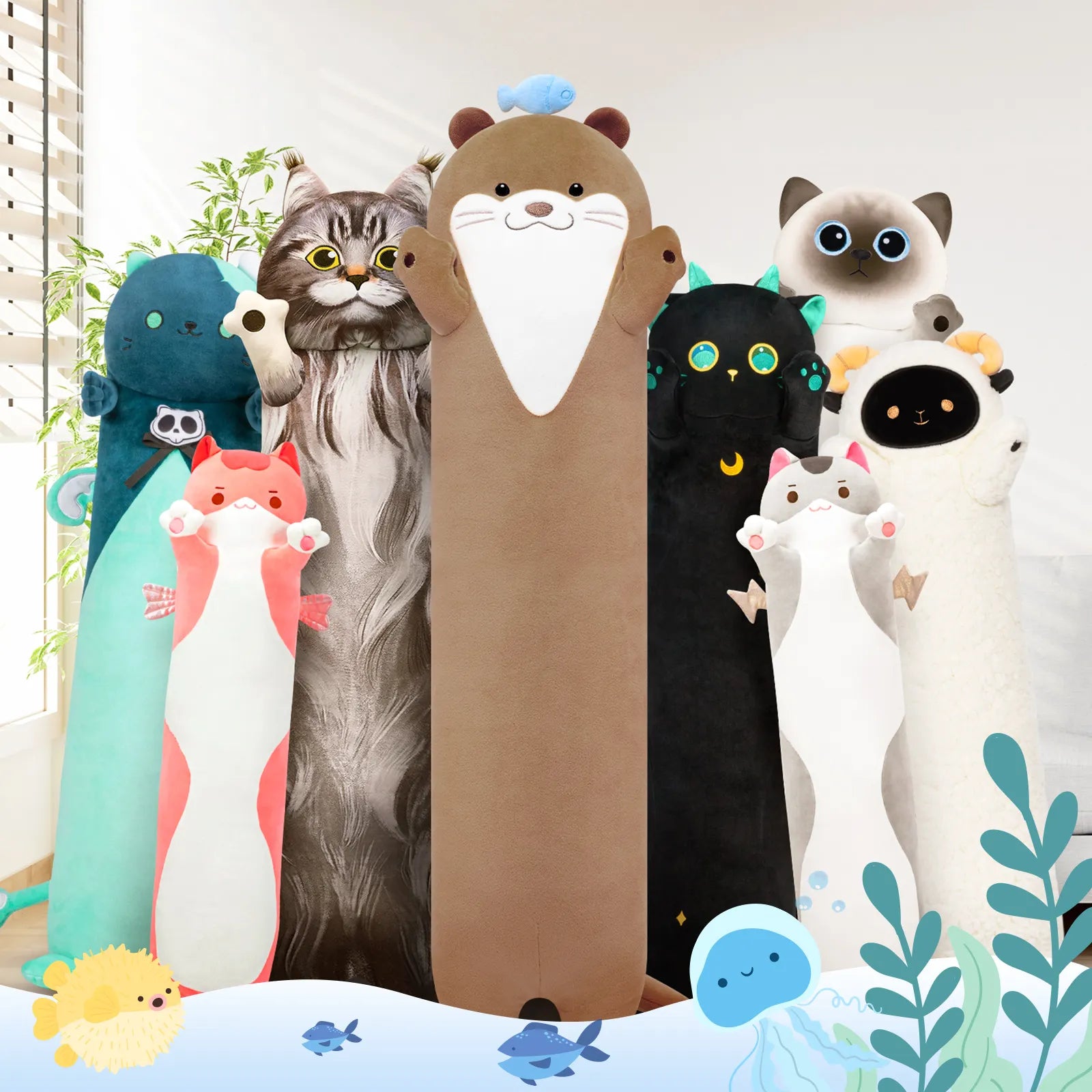 MeWaii® Loooong Family Original Design Fishy Otter Plush Long Stuffed Animal Kawaii Plush Pillow Squishy Toy
