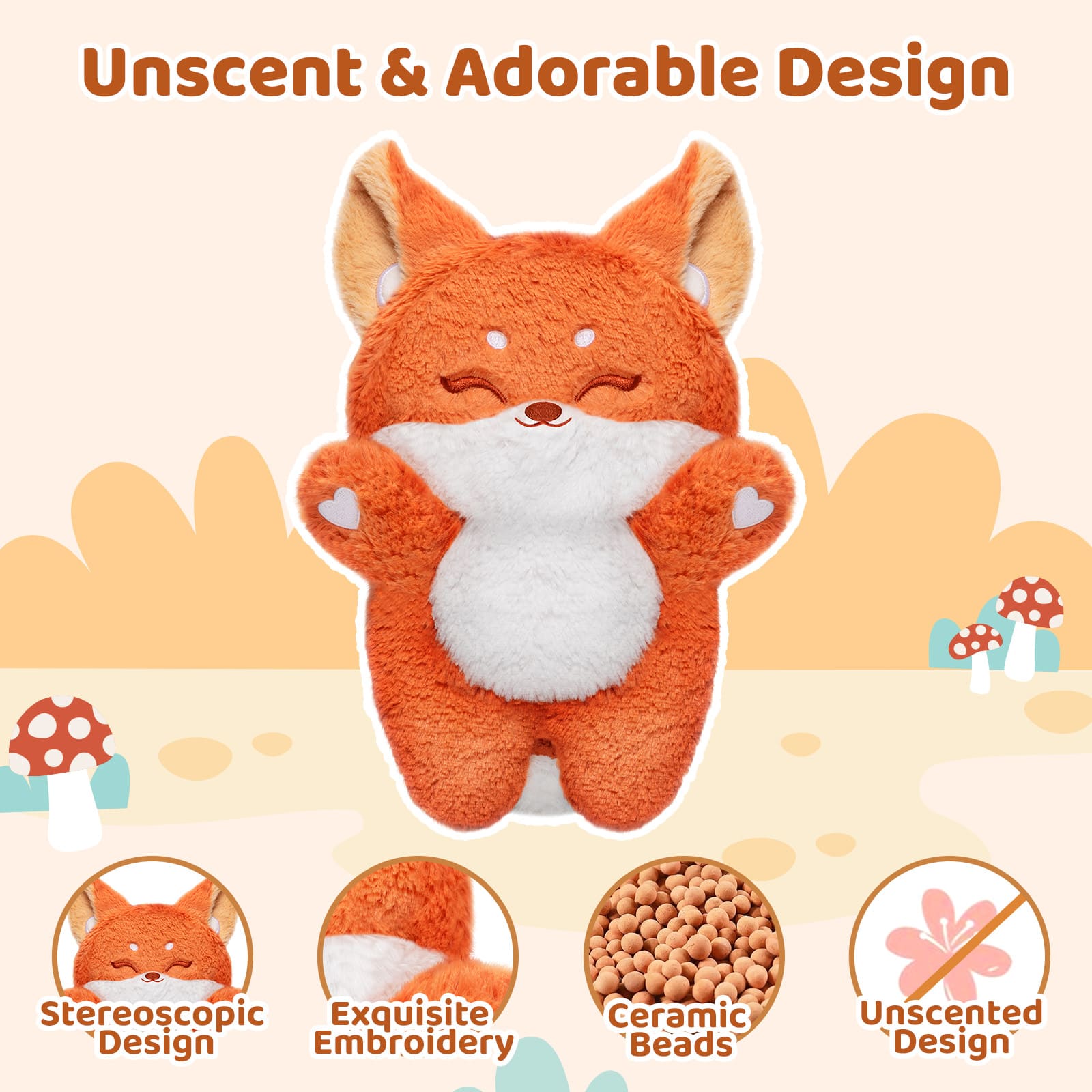 MeWaii® Heating Family Orange Fox Kawaii Stuffed Animal Unscented Microwavable Warmable Heating Pad Plush Toy