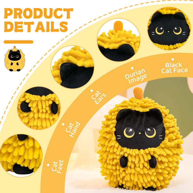 MeWaii® Stuffed Animal Kawaii Black Kitten with Durian Hoodie Plush Pillow Squishy Toy With Hoodie
