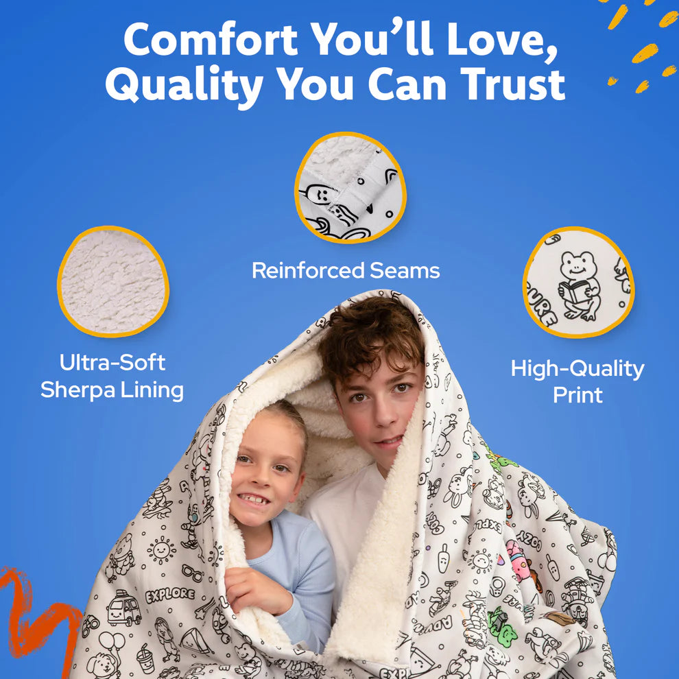 MeWaii® Color-in Blanket – Stress-Relief DIY Blanket with Included Coloring Pens