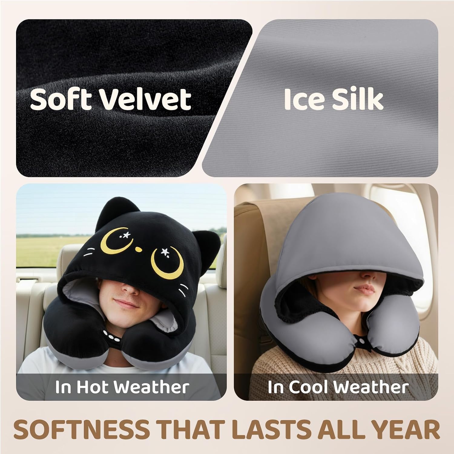 MeWaii® Black Cat Hooded Memory Foam Travel Pillow Cooling Double-Sided Neck Support for Flights & Everyday Comfort