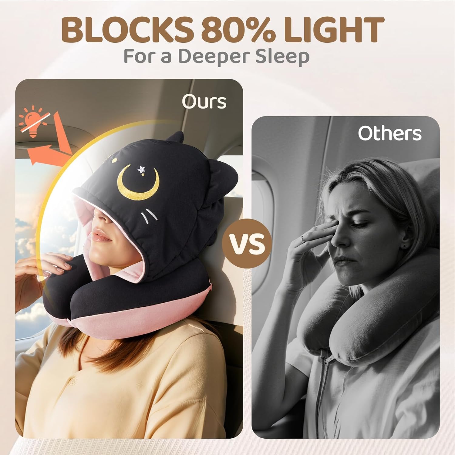 MeWaii® Pink Cat Hooded Memory Foam Travel Pillow Cooling Double-Sided Neck Support for Flights & Everyday Comfort