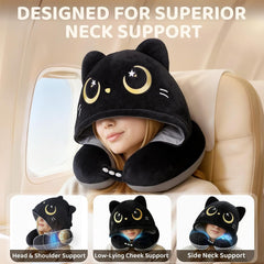MeWaii® Black Cat Hooded Memory Foam Travel Pillow Cooling Double-Sided Neck Support for Flights & Everyday Comfort