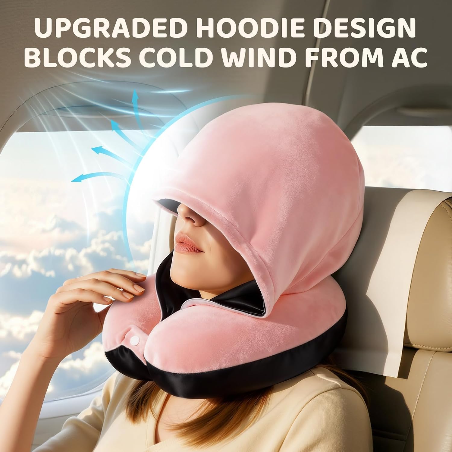 MeWaii® Pink Cat Hooded Memory Foam Travel Pillow Cooling Double-Sided Neck Support for Flights & Everyday Comfort