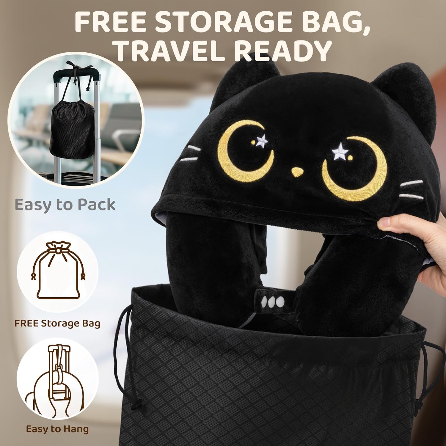 MeWaii® Black Cat Hooded Memory Foam Travel Pillow Cooling Double-Sided Neck Support for Flights & Everyday Comfort