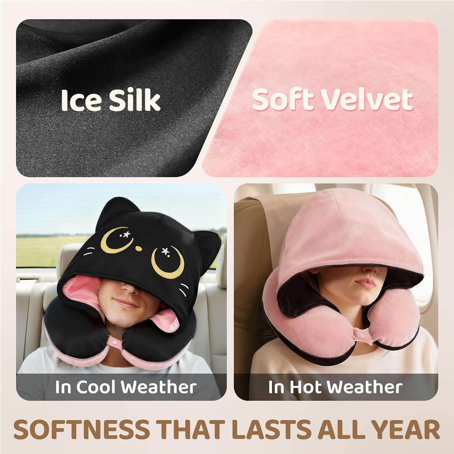 MeWaii® Pink Cat Hooded Memory Foam Travel Pillow Cooling Double-Sided Neck Support for Flights & Everyday Comfort