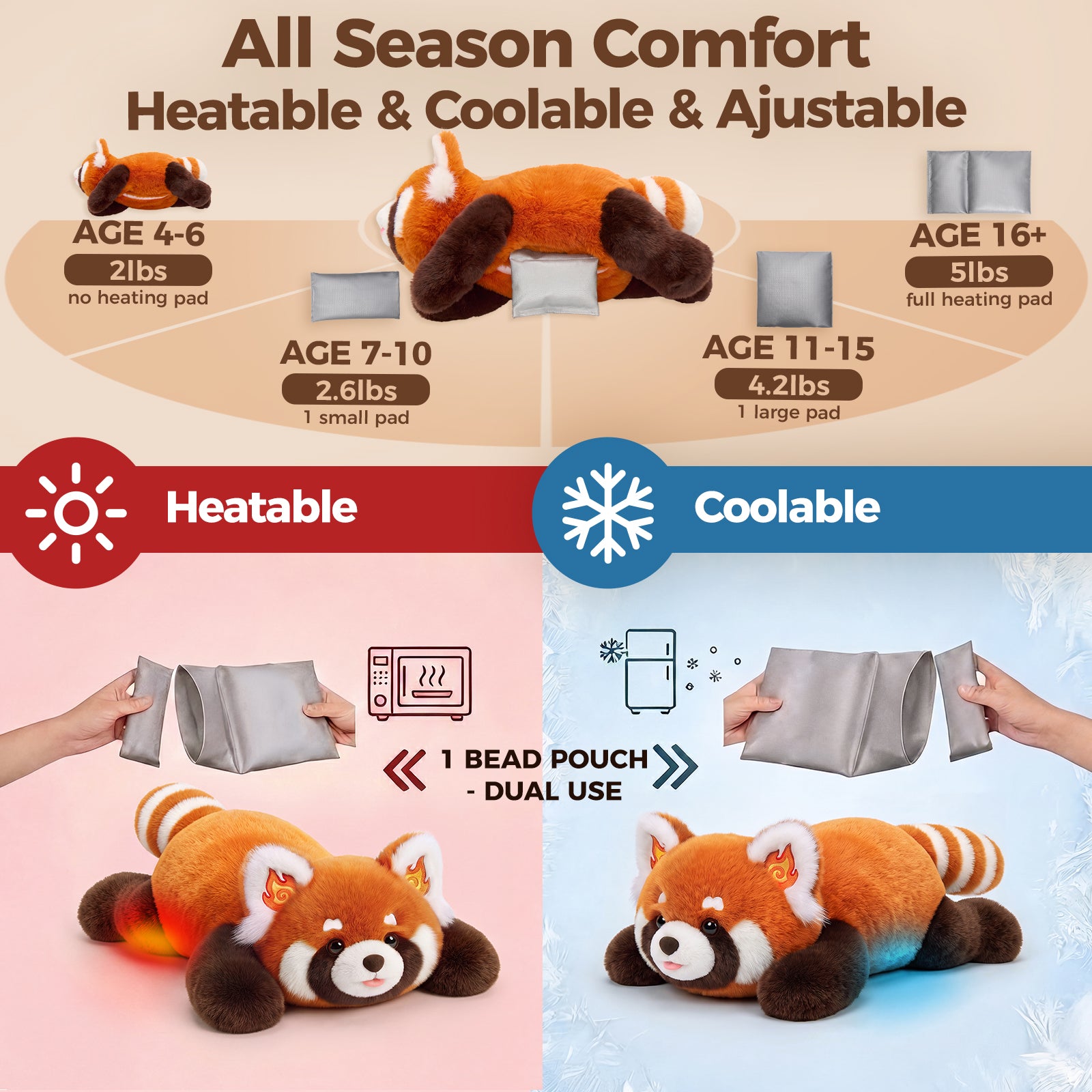 MeWaii® Red Panda Weighted Stuffed Animals with Microwavable Heating Pad