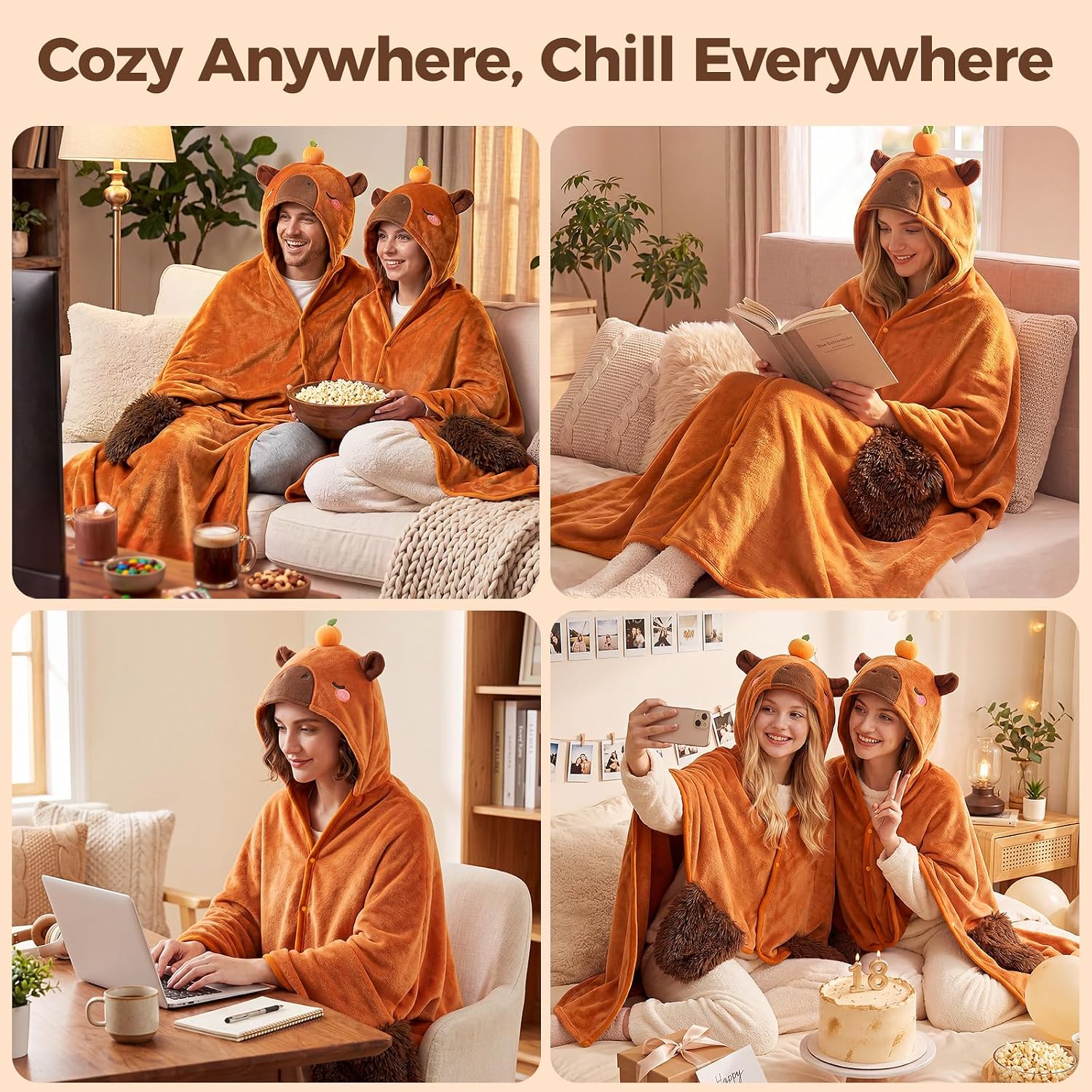 Mewaii® Capybara Wearable Blanket Hoodie Ultra Soft Oversized Cozy Blanket for Warm Hugs & Relaxing Moments