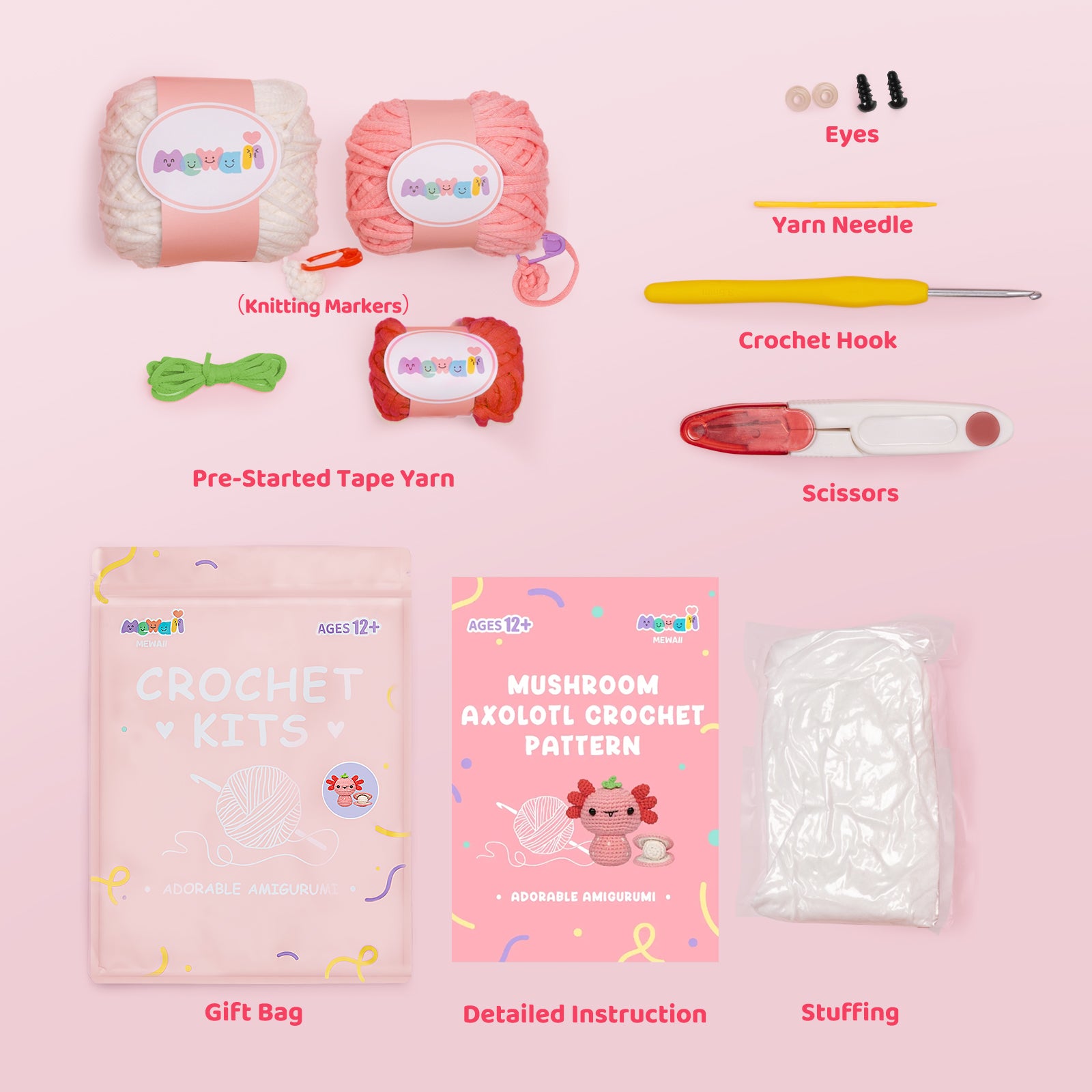 MeWaii® Crochet Axolotl Crochet Kit for Beginners with Easy Peasy Yarn