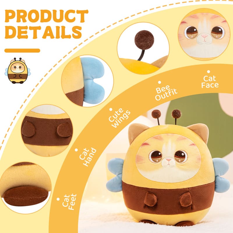 MeWaii® Stuffed Animal Kawaii Kitten with Bee Hoodie Plush Pillow Squishy Toy With Hoodie