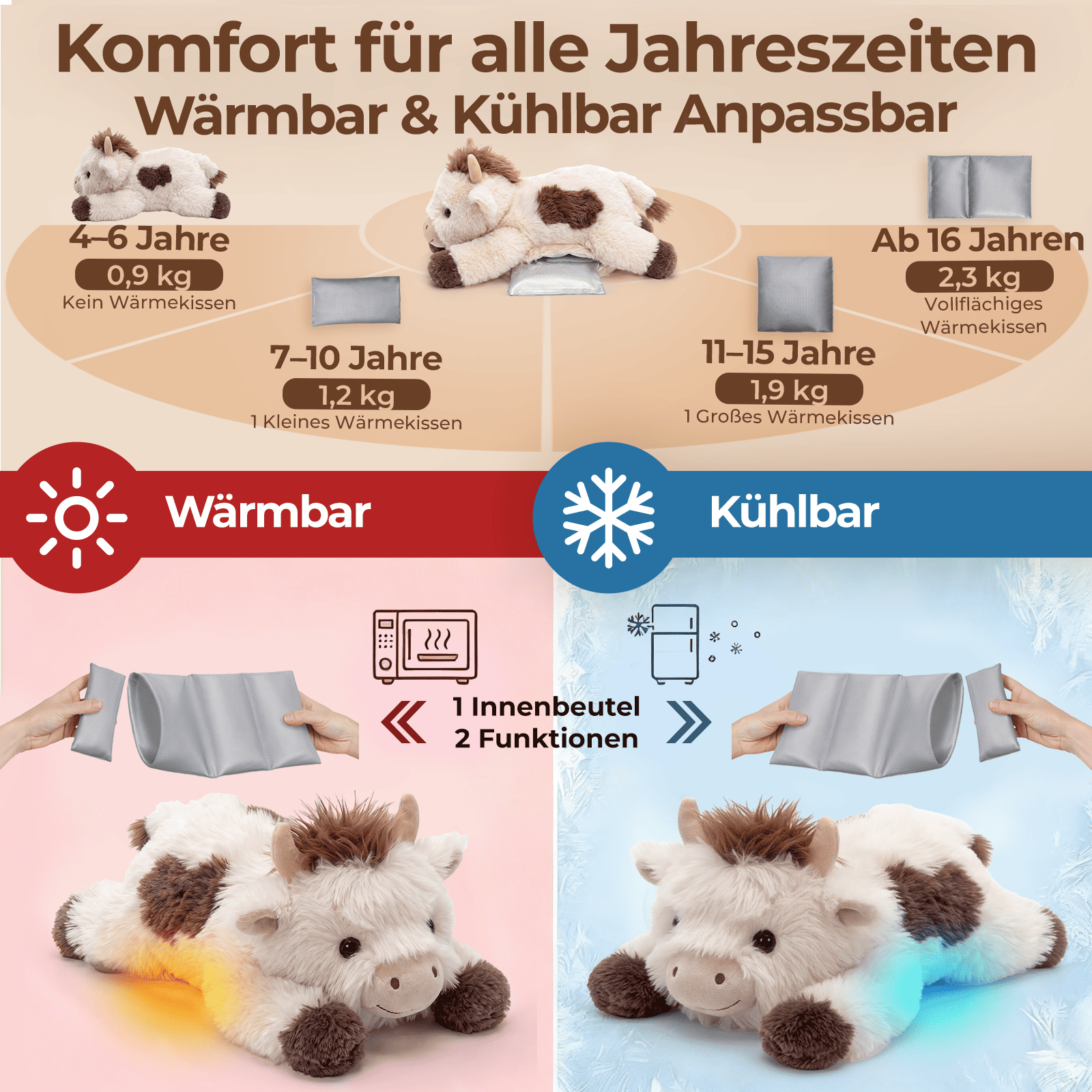MeWaii® Beschwertes Kuh-Kuscheltier aus weichem Langhaarplüsch