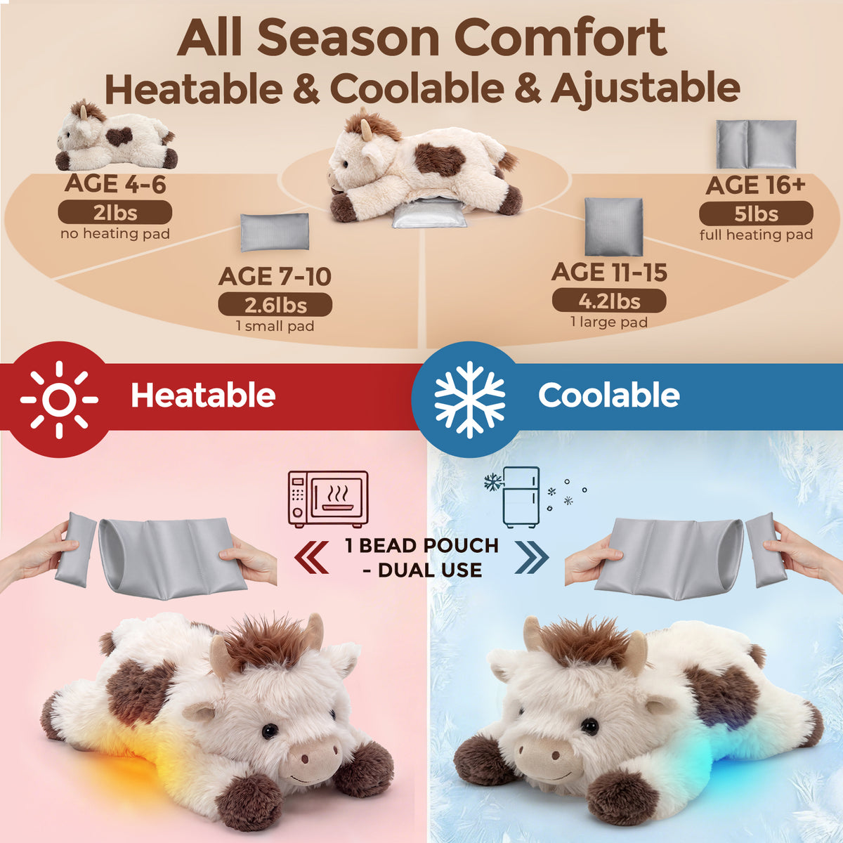MeWaii® Brown Cow Fuzzy Long Haired Weighted Stuffed Animal with Microwavable Heating Pad