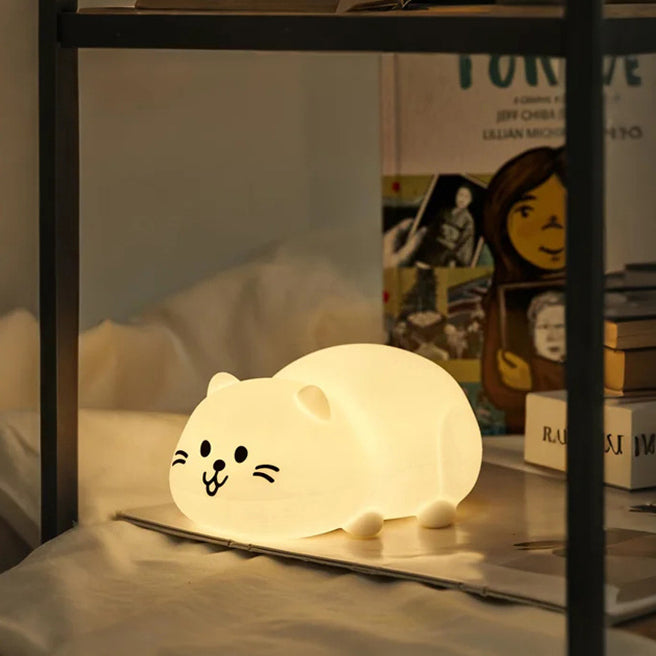 Huggwaii White Kitten Relaxed Silicone Squishy Night Light Lying Down Perfect Gift