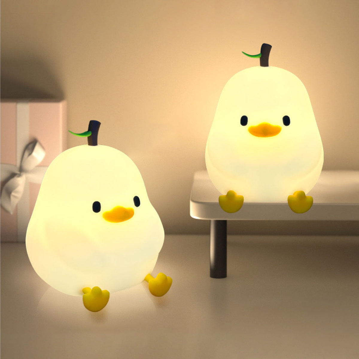 Pear-Shaped Duck Silicone Squishy Night Light Leaf Top Animal Lamp Perfect Gift